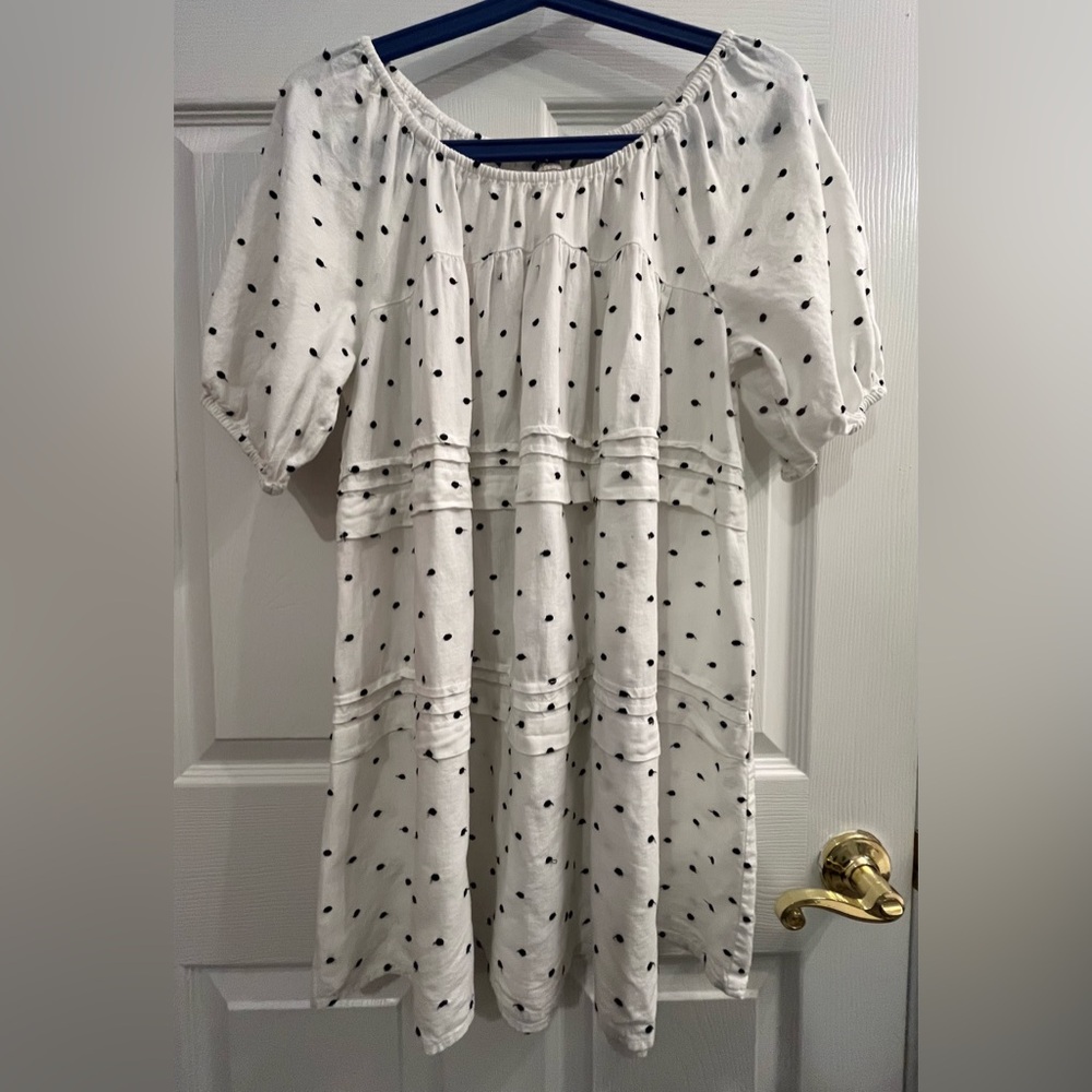 LOFT Beach Adorable Linen Blend White Black Polka Dot Tiered Mini Dress